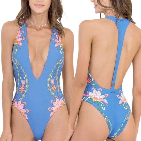 Maaji Other - Maaji One Piece Swimsuit Maya Blue Tiki Plunge Reversible Floral Racerback